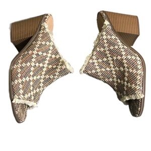 London Rag Maya Tweed Tapestry Chunky Block Heel Mules Slip On Sandals Peep Toe